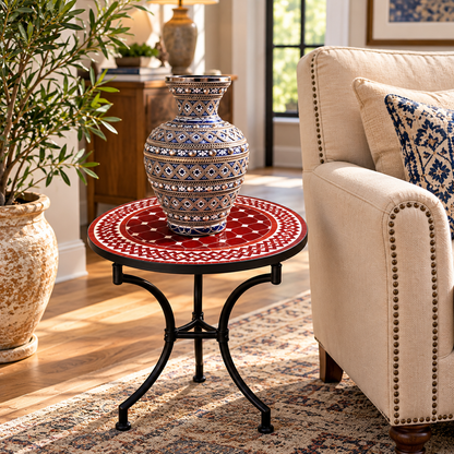 Handmade Moroccan Mosaic Table – Burgundy Red & White Zellige Table