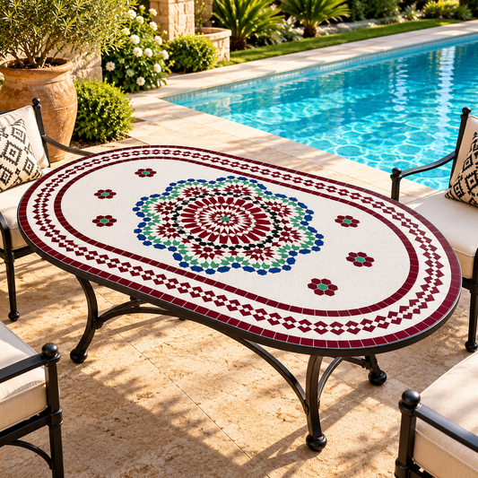 Oval Moroccan Mosaic Table – Handmade Fes Zellige Patio & Garden Table