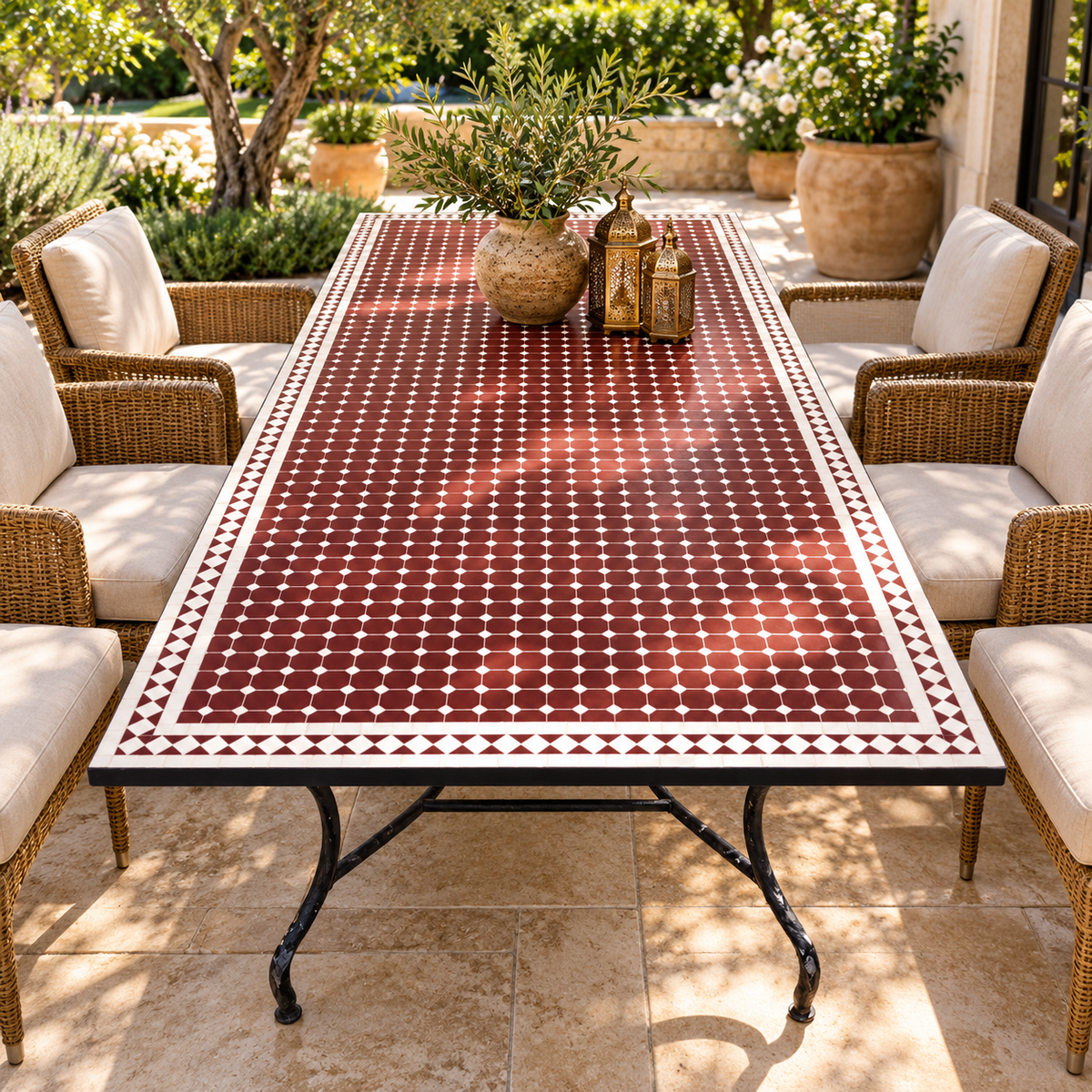 Handmade Moroccan Mosaic Dining Table – Burgundy & White Fassi Zellige
