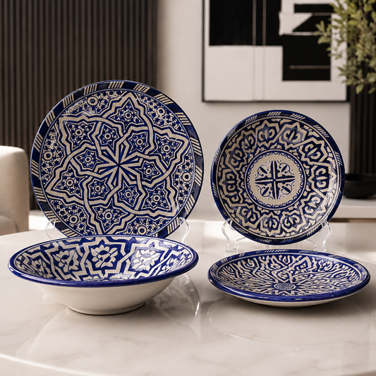 Handmade Moroccan Fez Pottery Dinnerware Set | Ceramic Plates & Bowl