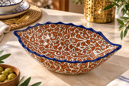 Handmade Moroccan Fes Ceramic Serving Bowl – Brown Floral Design