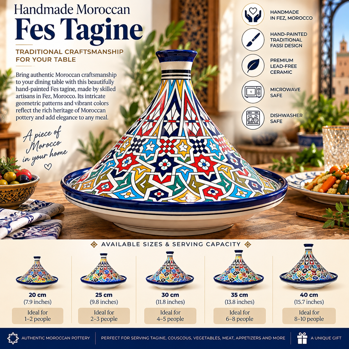 Handmade Moroccan Fes Tagine – Blue & White Hand-Painted Ceramic Serving Tagine