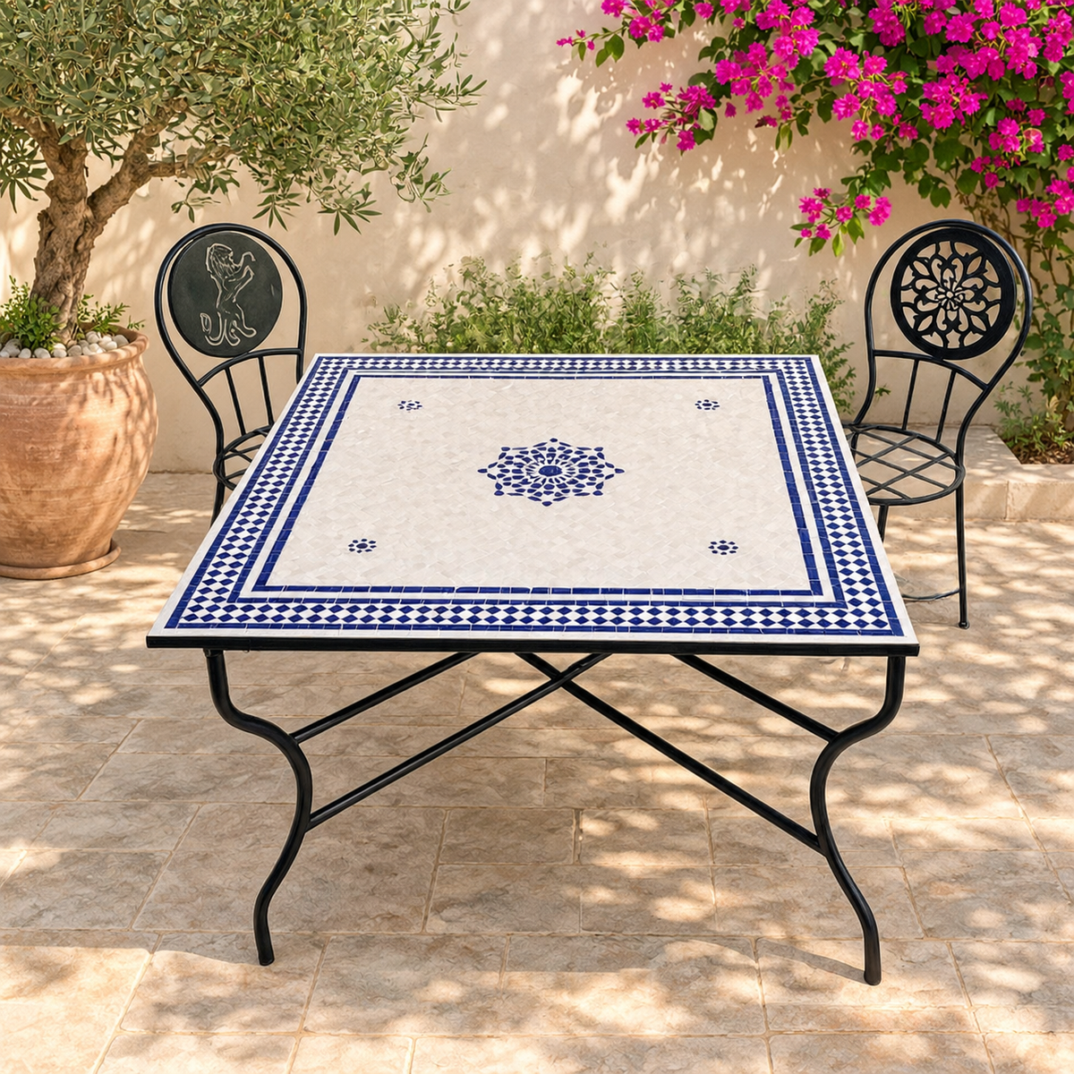 Moroccan Blue and White Zellige Mosaic Table – Handmade Fes Pottery