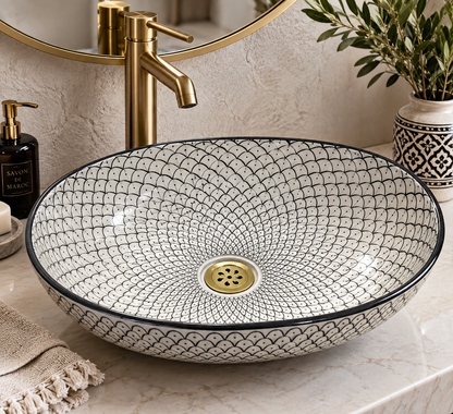 Moroccan Ceramic Vessel Sink – Green & Black & Gray Fish Scale Design