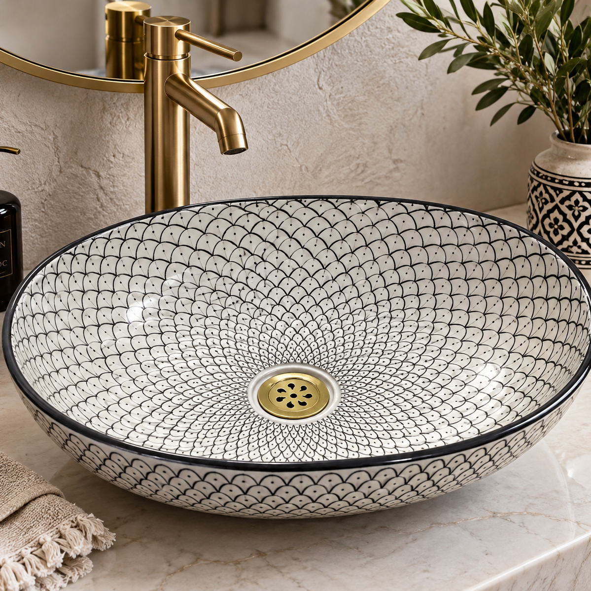 Moroccan Ceramic Vessel Sink – Green & Black & Gray Fish Scale Design