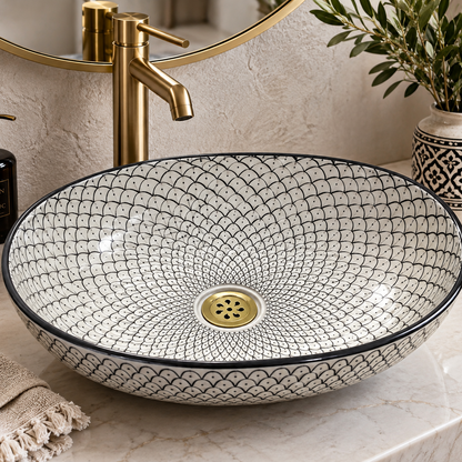 Moroccan Ceramic Vessel Sink – Green & Black & Gray Fish Scale Design