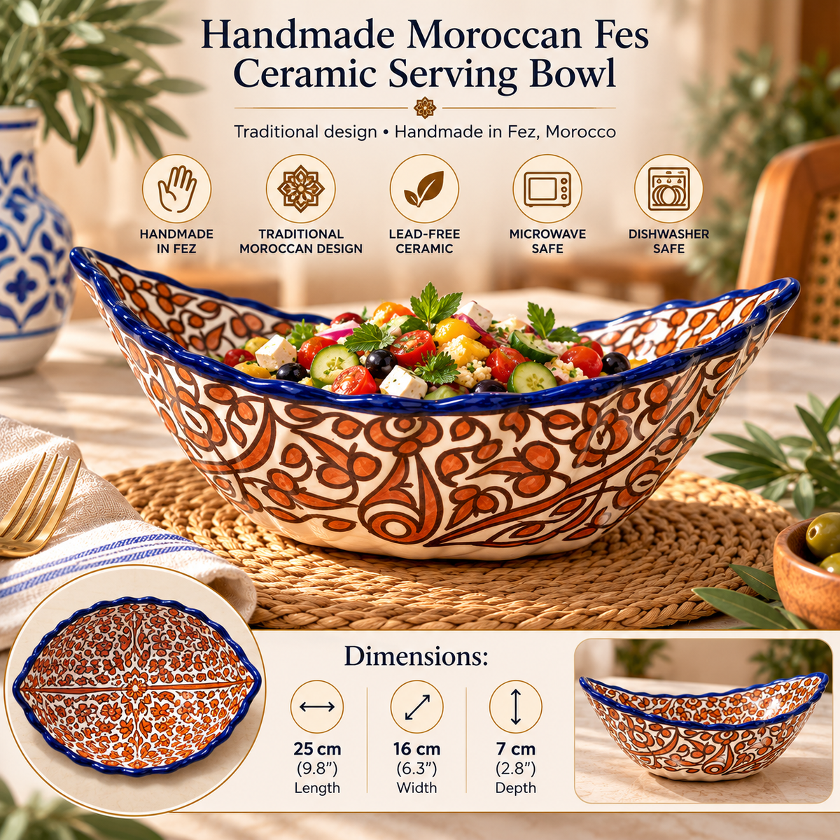 Handmade Moroccan Fes Ceramic Serving Bowl – Brown Floral Design