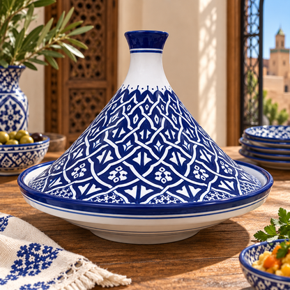 Handmade Moroccan Fes Tagine – Blue & White Hand-Painted Ceramic Serving Tagine