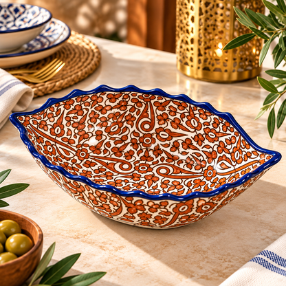 Handmade Moroccan Fes Ceramic Serving Bowl – Brown Floral Design