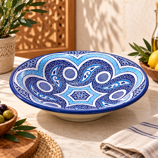 Handmade Moroccan Fez Ceramic Wall Bowl – Blue & White Decorative Serving Dish