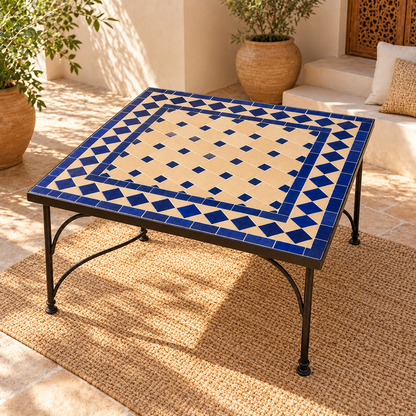 Handmade Moroccan Mosaic Coffee Table – Blue & Beige Zellige Patio Table