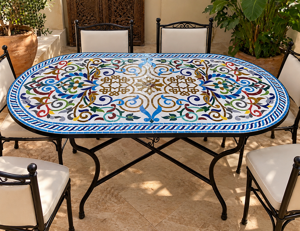 Handmade Moroccan Mosaic Table – Colorful Fes Ceramic Tile Table, Traditional Arabesque Design