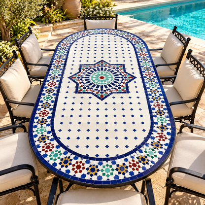 Moroccan Oval Mosaic Table – Handmade Traditional Zellige Art