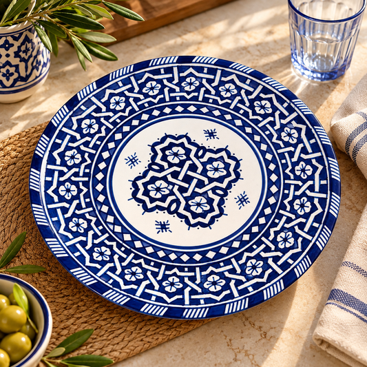 Handmade Moroccan Fes Pottery Plate – Blue & White Ceramic Serving Plate