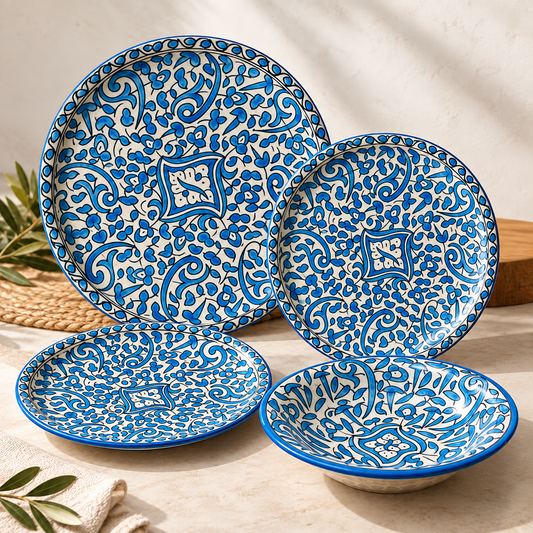 Handmade Moroccan Fes Pottery Dinnerware Set – Hand-Painted White Clay Plates & Soup Bowl