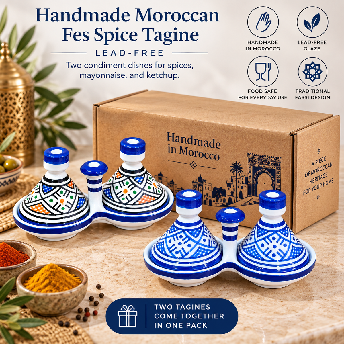 Handmade Moroccan Fes Spice Tagine Set – 2-Piece Ceramic Condiment Dishes