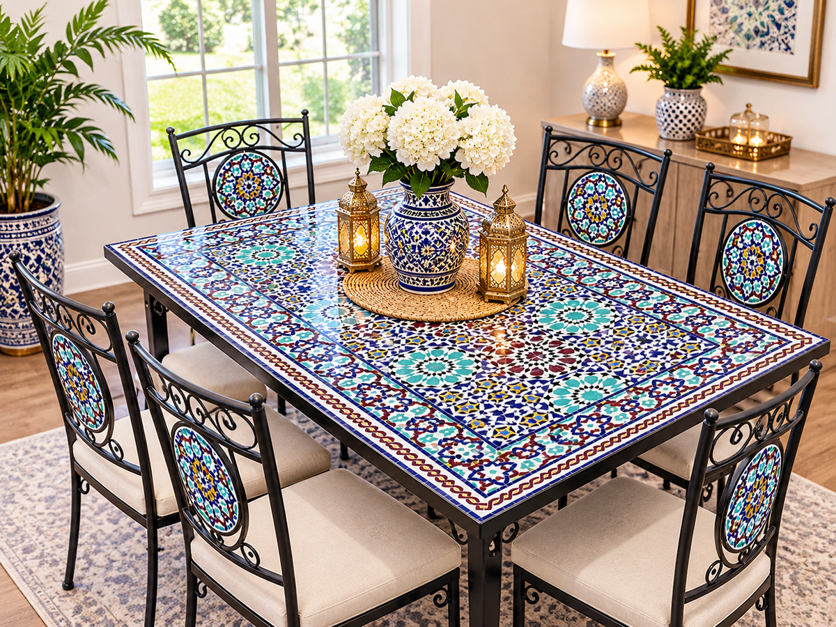 Handmade Moroccan Zellige Mosaic Table – Colorful Fassi Tile Outdoor Dining Table