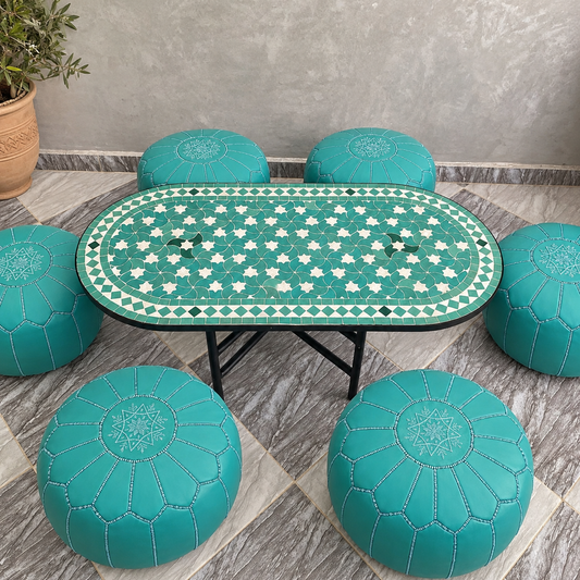 Handmade Moroccan Mosaic Coffee Table – Green & White Oval Zellige Tile Table