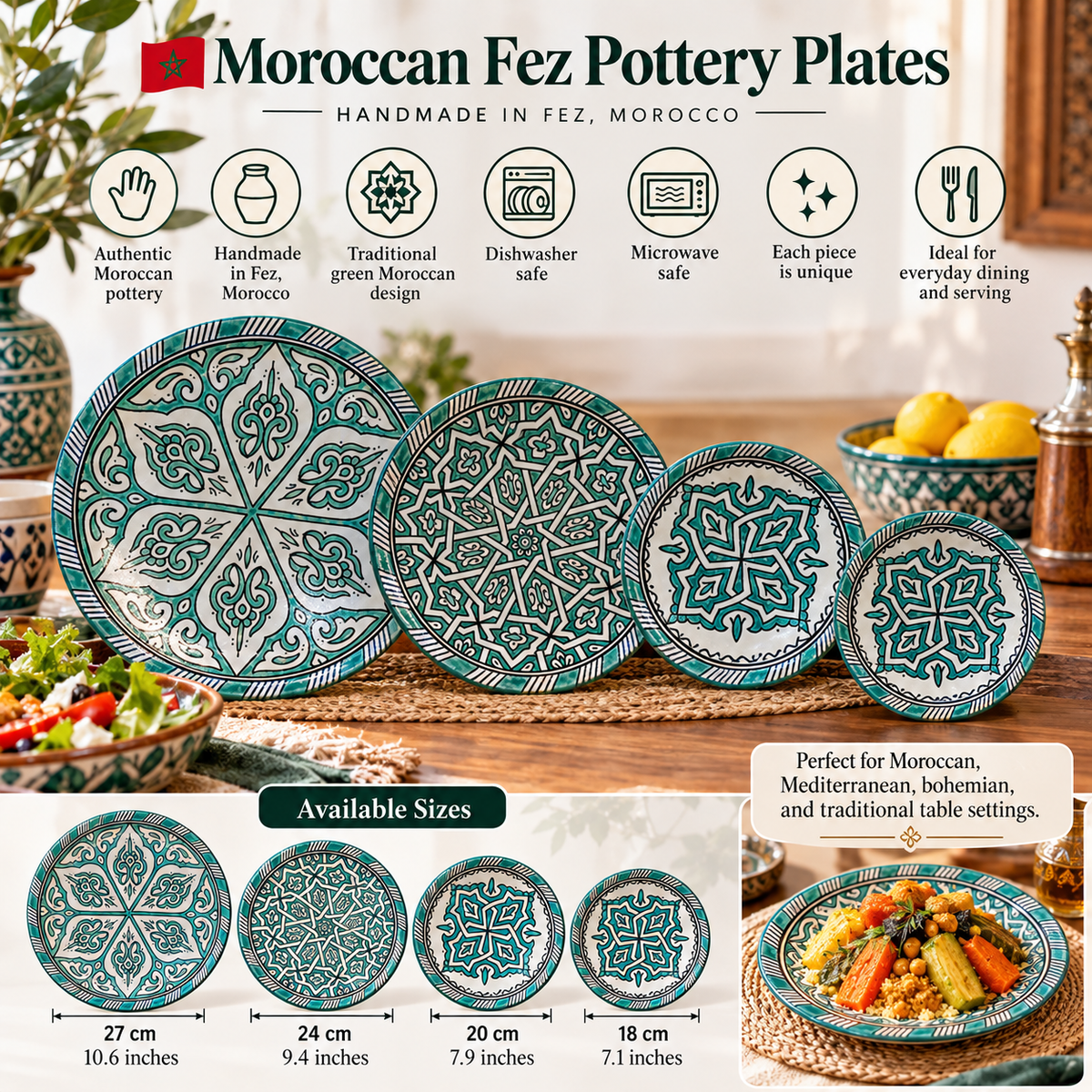 Green hand painted Moroccan fez pottery plates dishwasher and microwave safe