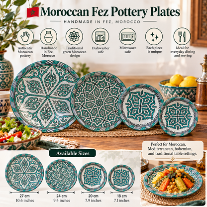 Green hand painted Moroccan fez pottery plates dishwasher and microwave safe