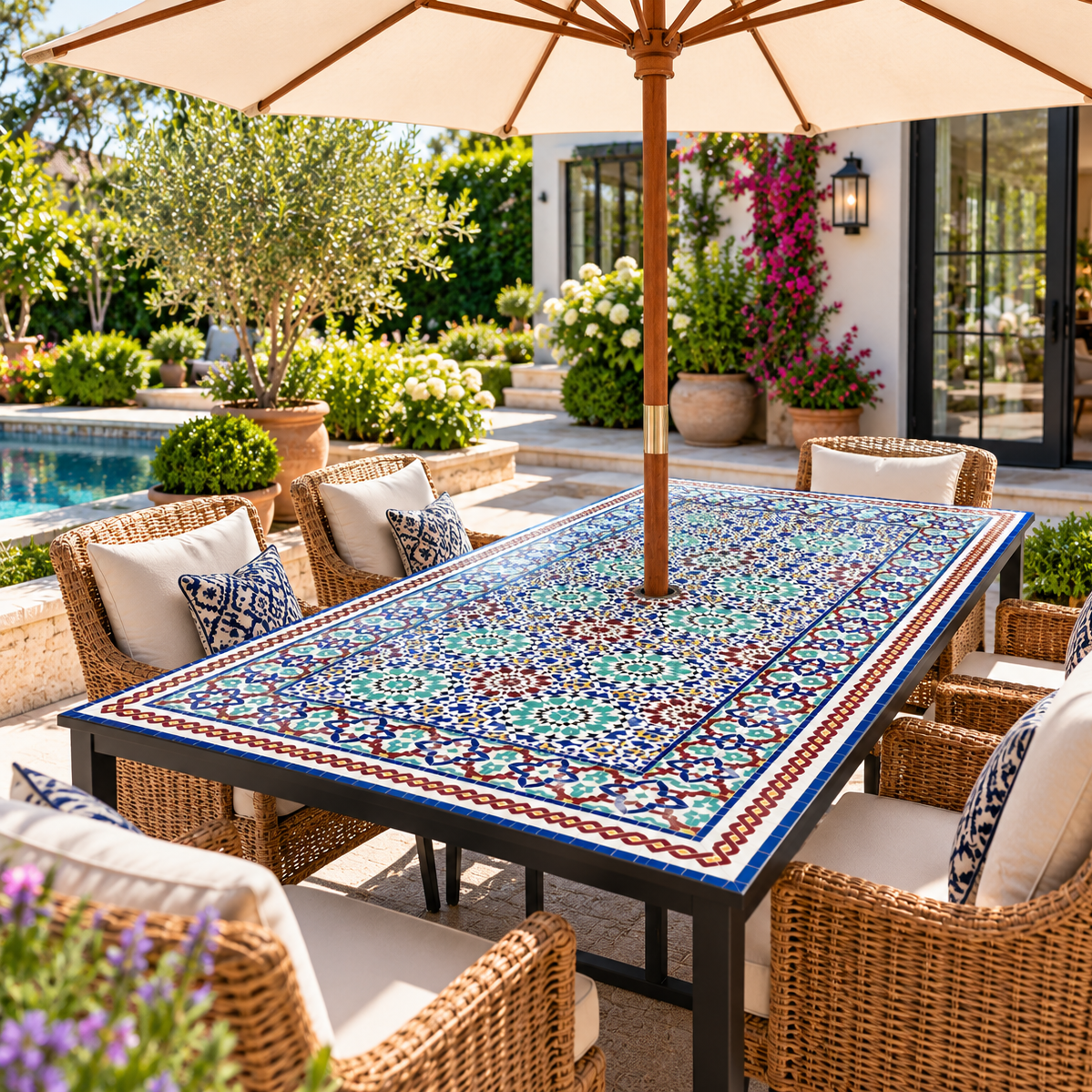Handmade Moroccan Zellige Mosaic Table – Colorful Fassi Tile Outdoor Dining Table