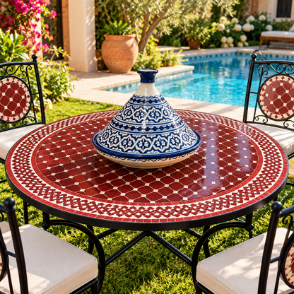 Handmade Moroccan Mosaic Table – Burgundy Red & White Zellige Table