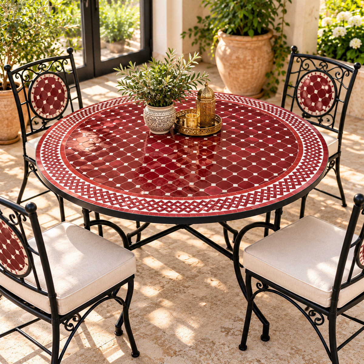 Handmade Moroccan Mosaic Table – Burgundy Red & White Zellige Table