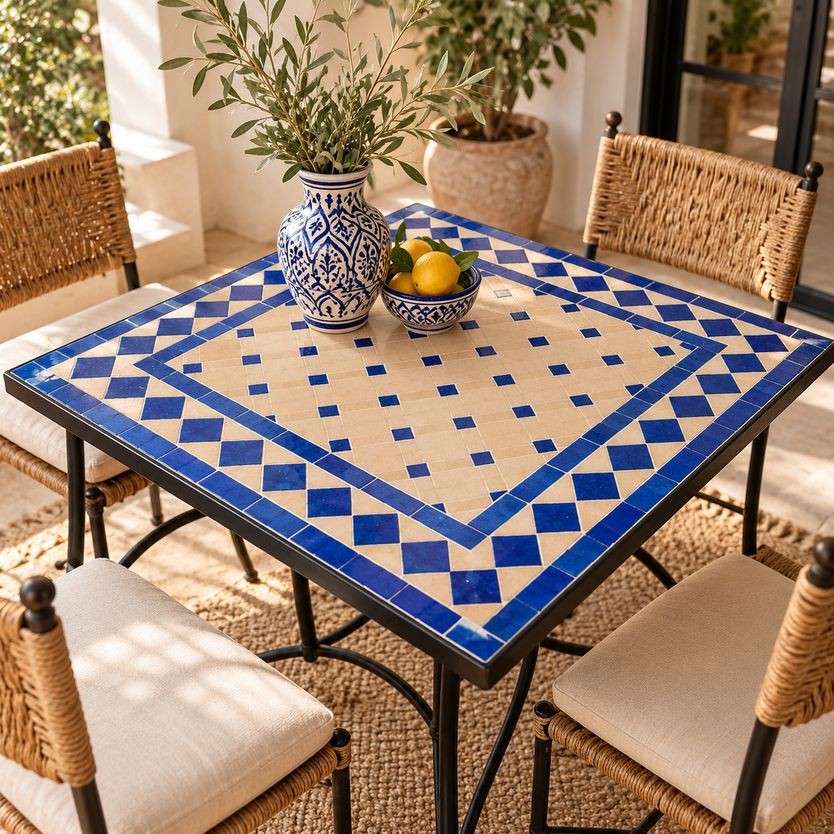Handmade Moroccan Mosaic Coffee Table – Blue & Beige Zellige Patio Table