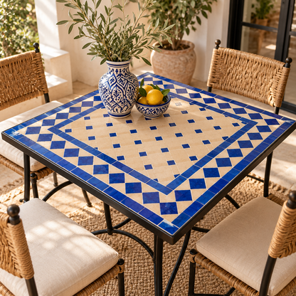 Handmade Moroccan Mosaic Coffee Table – Blue & Beige Zellige Patio Table