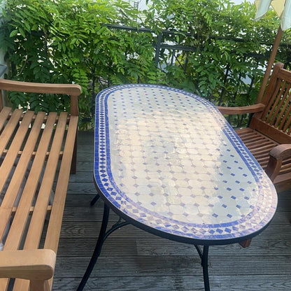 Moroccan fez pottery mosaic oval table – Blue & White Zellige Design