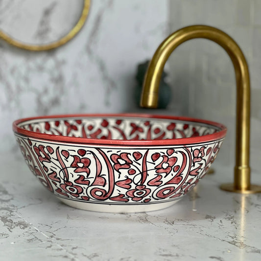 Hand-Painted Moroccan Ceramic Bathroom Sink – Red & White Floral Vessel Basin