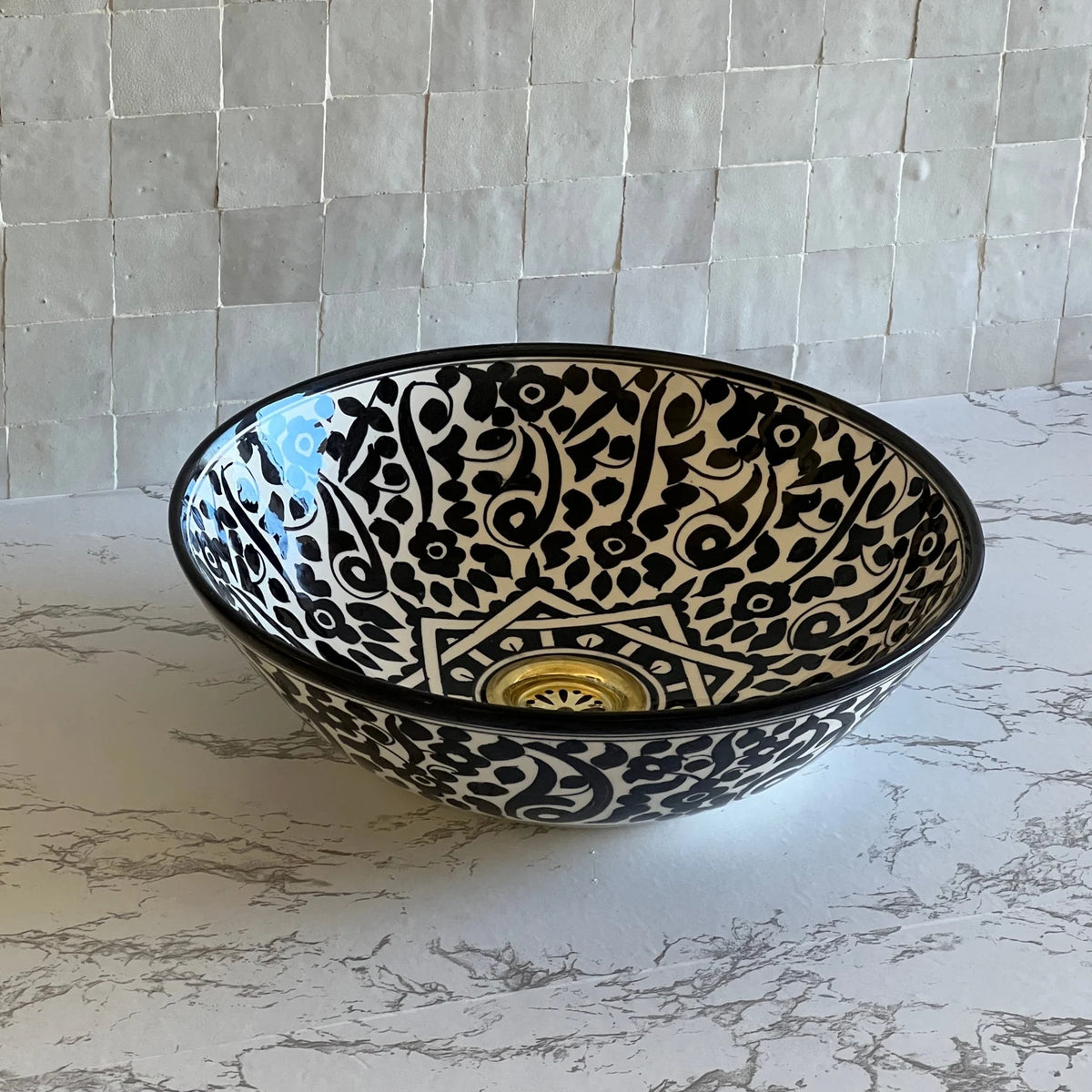 Hand-Painted Moroccan Ceramic Sink – Black & White Floral Vessel Basin