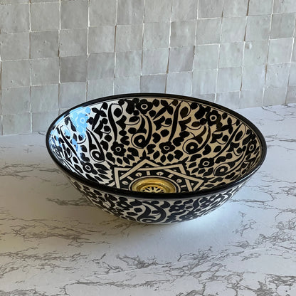 Hand-Painted Moroccan Ceramic Sink – Black & White Floral Vessel Basin