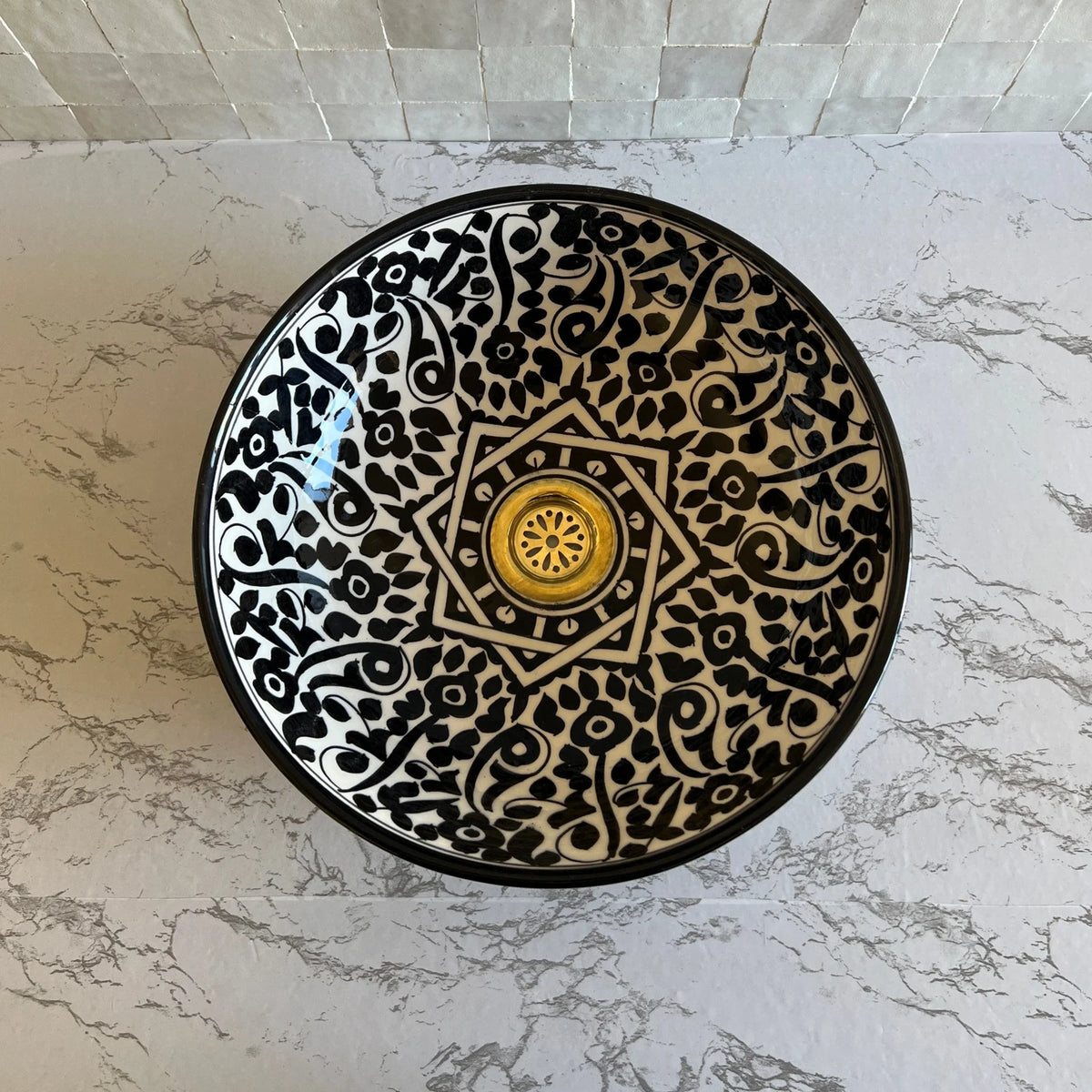 Hand-Painted Moroccan Ceramic Sink – Black & White Floral Vessel Basin
