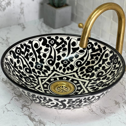Hand-Painted Moroccan Ceramic Sink – Black & White Floral Vessel Basin