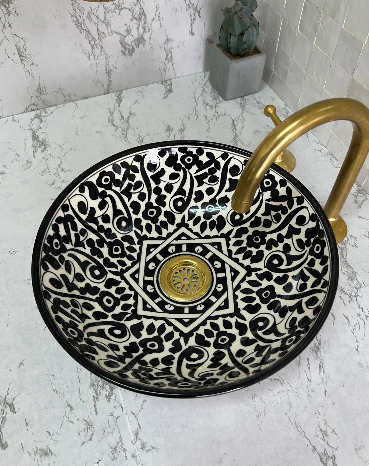 Hand-Painted Moroccan Ceramic Sink – Black & White Floral Vessel Basin