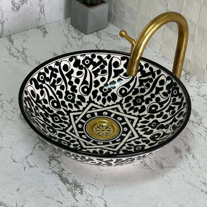 Hand-Painted Moroccan Ceramic Sink – Black & White Floral Vessel Basin