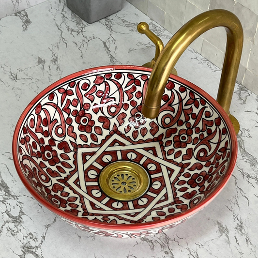 Hand-Painted Moroccan Ceramic Bathroom Sink – Red & White Floral Vessel Basin