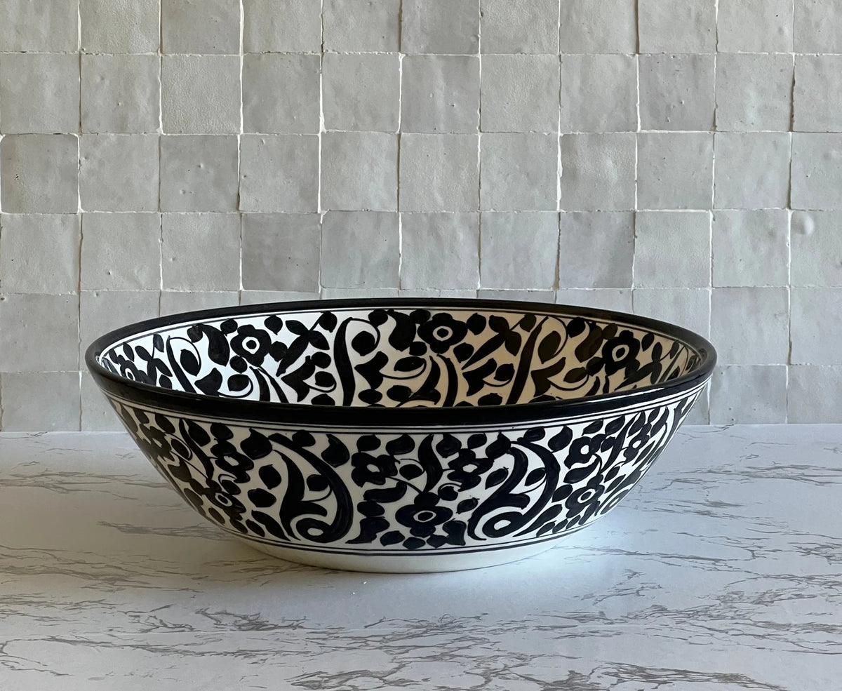 Hand-Painted Moroccan Ceramic Sink – Black & White Floral Vessel Basin