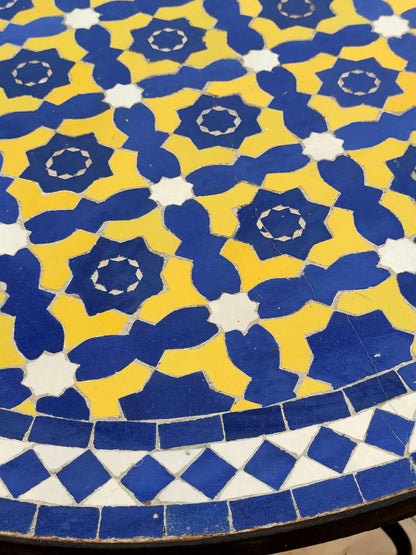 Authentic Handmade Moroccan Mosaic Dining Table – Cobalt Blue & Yellow Zellige Tile Patio Table from Fez