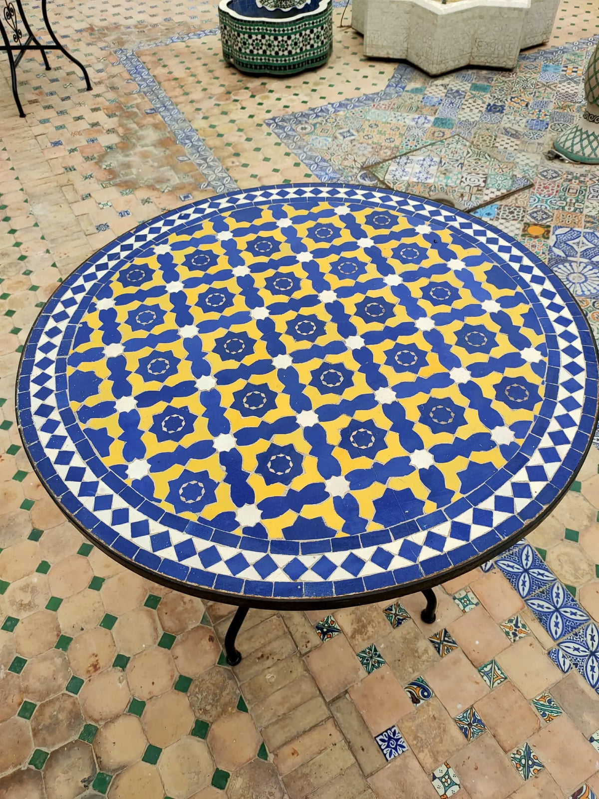 Authentic Handmade Moroccan Mosaic Dining Table – Cobalt Blue & Yellow Zellige Tile Patio Table from Fez