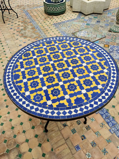 Authentic Handmade Moroccan Mosaic Dining Table – Cobalt Blue & Yellow Zellige Tile Patio Table from Fez