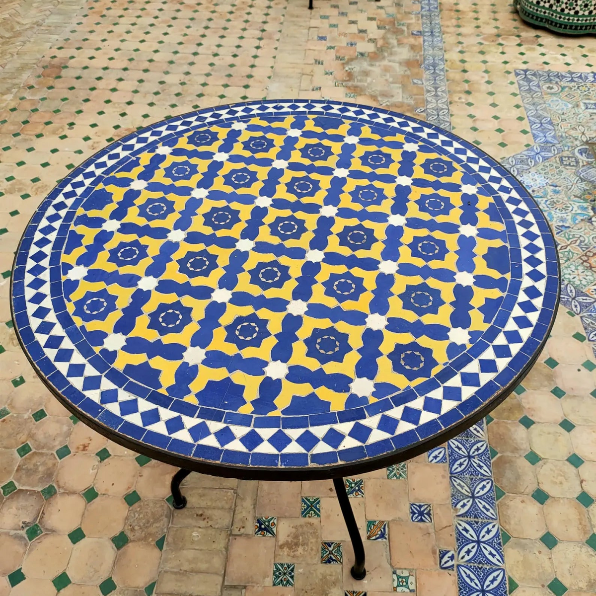 Authentic Handmade Moroccan Mosaic Dining Table – Cobalt Blue & Yellow Zellige Tile Patio Table from Fez