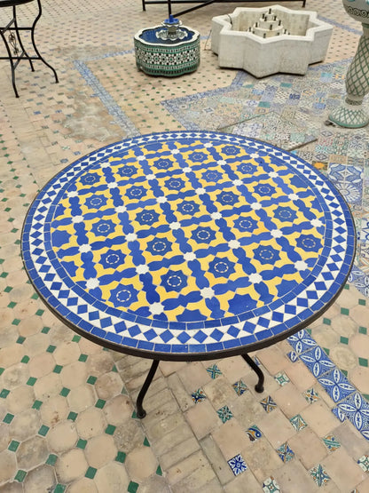 Authentic Handmade Moroccan Mosaic Dining Table – Cobalt Blue & Yellow Zellige Tile Patio Table from Fez