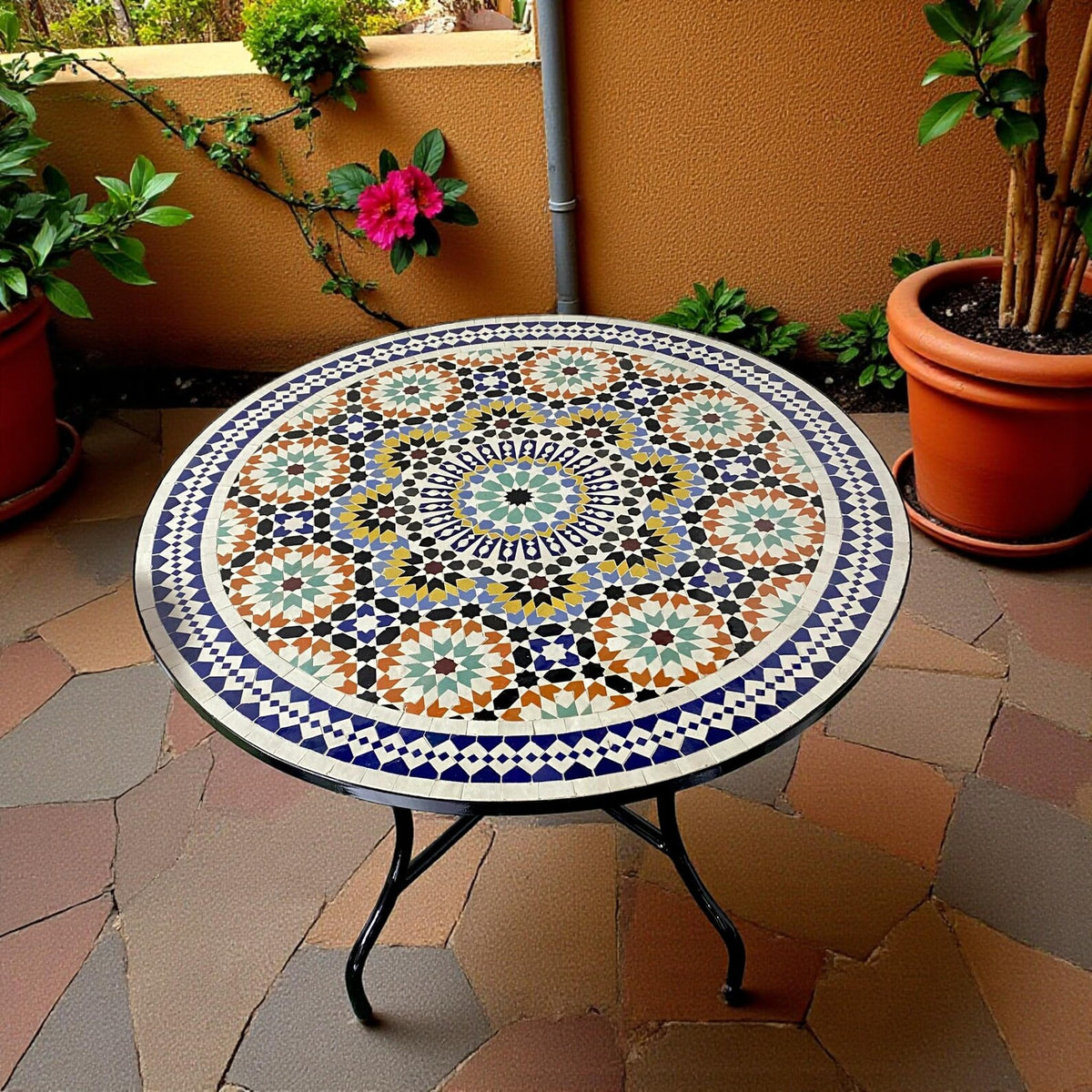 Handmade Moroccan Mosaic Table – Round Fassi Zellige Outdoor Patio Table