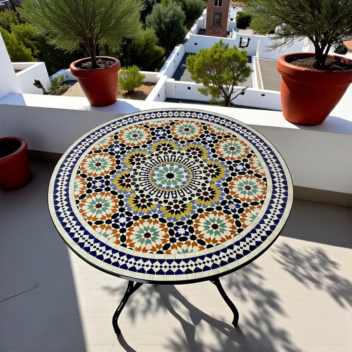Handmade Moroccan Mosaic Table – Round Fassi Zellige Outdoor Patio Table