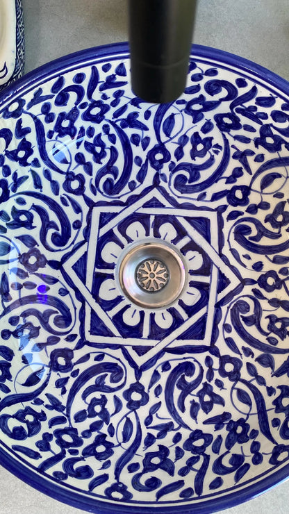 Hand-Painted Moroccan Ceramic Bathroom Sink – Blue & White