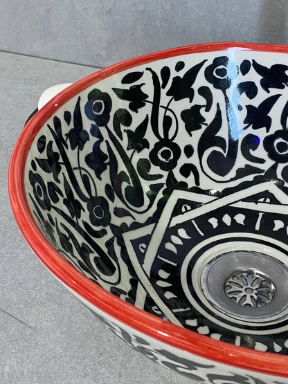 Hand-Painted Moroccan Ceramic Sink – Black & White Floral Design with Red Rim