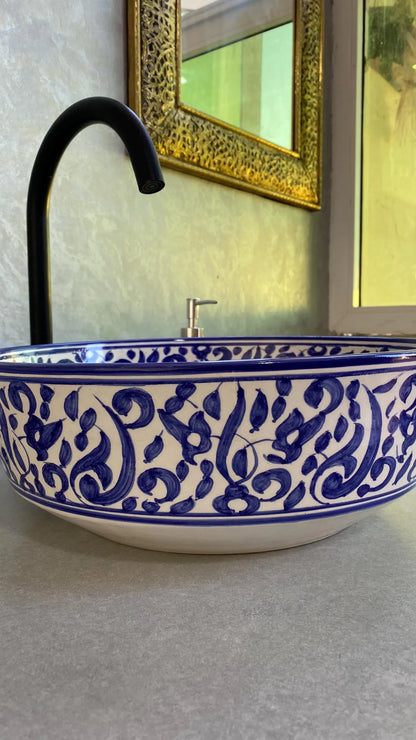 Hand-Painted Moroccan Ceramic Bathroom Sink – Blue & White