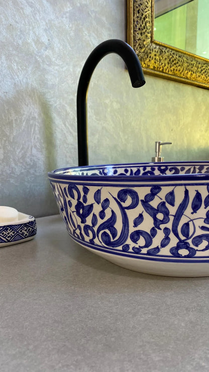 Hand-Painted Moroccan Ceramic Bathroom Sink – Blue & White